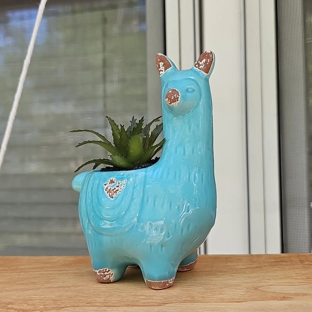 Blue Ceramic Llama Hanging Planter
